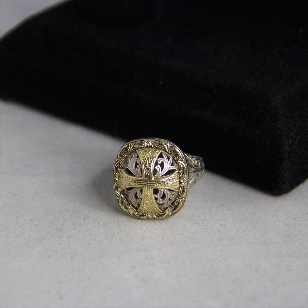 Konstantino Sterling Silver 18k Gold Maltese Cross Filigree Ring Size 12.5